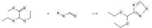 Ethanimidic acid, 2,2-diethoxy-, methyl ester can be used to produce 1,2,4-triazole-3-carboxaldehyde diethyl acetal by heating